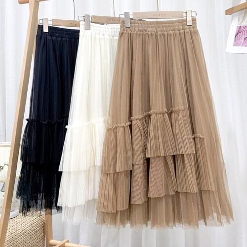 Early Spring New High-Waisted Thin Mid-Length Skirt Fairy Temperament Irregular Double-Layer Mesh Skirt Female 504