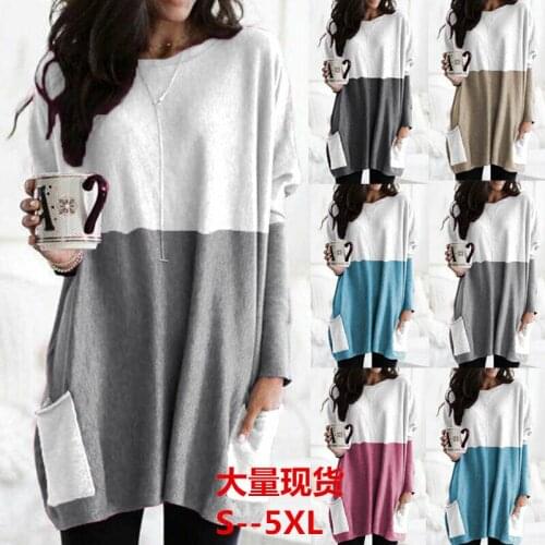 2021 New Fashion Pocket Sexy Women T-Shirt O-Neck Long Sleeve Splice Long Autumn Winter Loose Tops T-Shirts Plus Size S-5XL