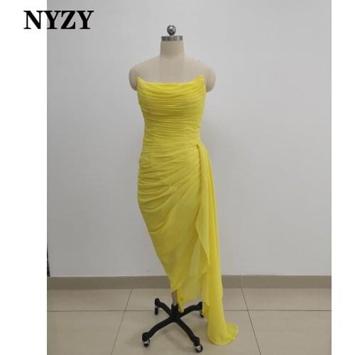 NYZY E385 Real Sample Pictures Chiffon High Split Yellow Evening Dresses 2021 Short Prom Party Dress Cocktail Dresses