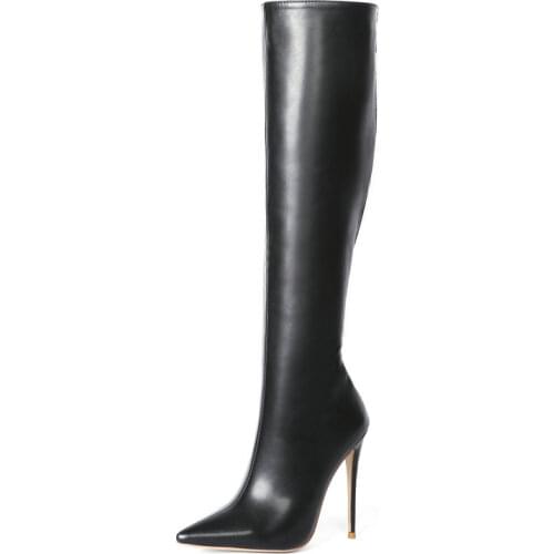 Sexy Super High Heel Knee High Boots Faxu Leather Women Boots Zipper Pointed Toe Long Boots Autumn Winter Ladies Shoes