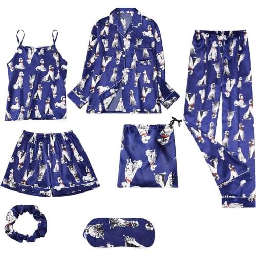 Pajamas For Women 7 piece Set Silk Satin Sexy Lingerie Pyjama Femme Shorts Home clothes Suit Pijama Soft Sleepwear Woman