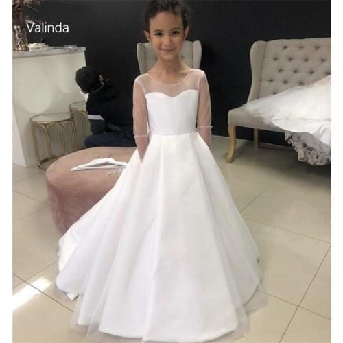 Sheer Long Sleeves White Flower Girl Dresses First Communion Dress