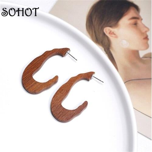 SOHOT Korean Design OL Irregular Geometric Wooden Women Drop Earrings Minimalist Style Square C Shape Trendy Jewelry Brincos