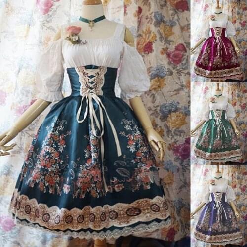 Vintage Dress Summer Cosplay Maid Palace Lolita Print High Waist Long Sleeve Lace Victorian Gothic Medieval Womens Clothing