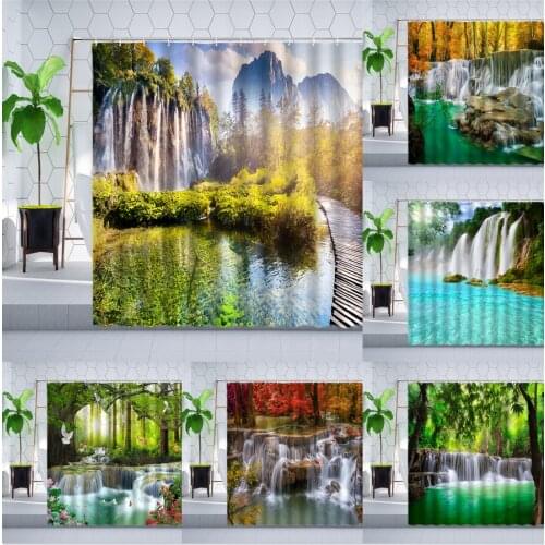 Natural Scenery Waterfall Shower Curtain Forest Tree Animal Wooden Bridge Green Plant landscape Wall Decor Hanging Curtains Sets