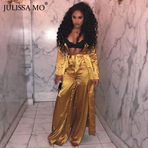 JULISSA MO Two Piece Set Satin Casual Outfits Women Cardigan Trench Coats Wide Leg Pants Fashion Bandage Night Party Tracksuits