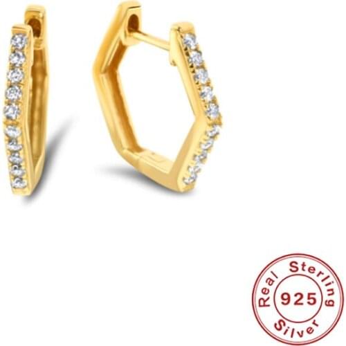 Aide 925 Sterling Silver Gold Minimalist Diamond Hexagon Hoop Earrings For Women Cubic Zirconia Jeweled Geometric Huggie Earring