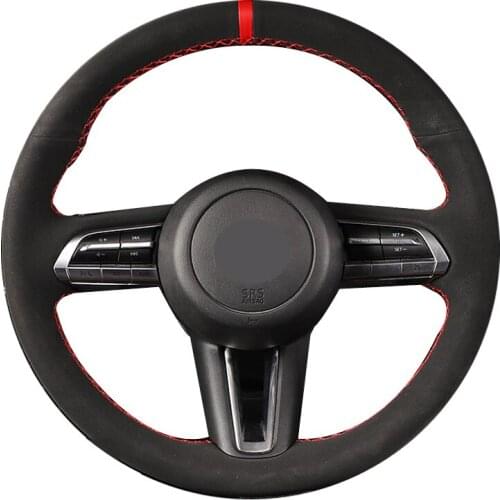 Black Suede Red Marker DIY Hand Stitched Car Steering Wheel Cover For Mazda CX-30 CX30 2019-2020 Mazda 3 Axela 2019-2020