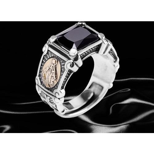European and American Popular Black Zircon Virgin Mary Metal Ring Fashion Personality Jewelry Gifts for Men