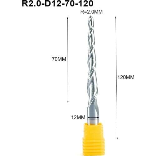 2pcs HRC55 Tapered Ball Nose End Mill Tungsten solid carbide Coated Tapered cone cnc milling cutter D12mmxR2.0x120 engraving bit