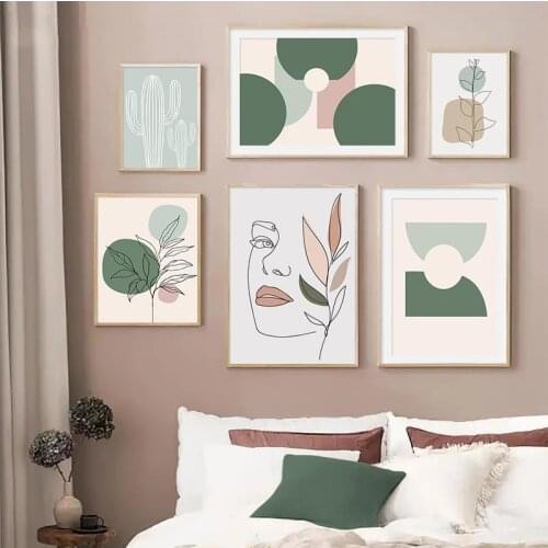 Green Plant Leaves Cactus Canvas Poster Woman Face Art Print Abstract Painting Line Drawing Wall Picture Living Room Home Decor