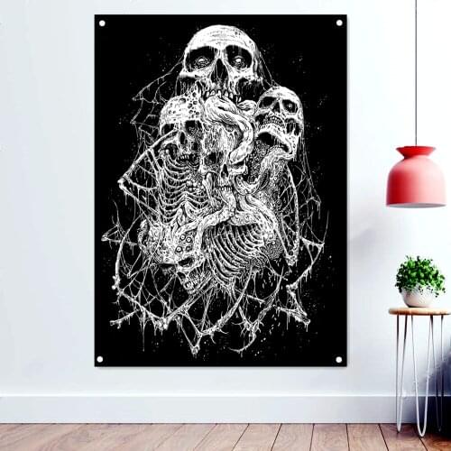Death Metal Icon Illustrations Hang Flag Fantastically Brutal Skull Art Poster Black/White Skeleton Banners Sticker Home Decor