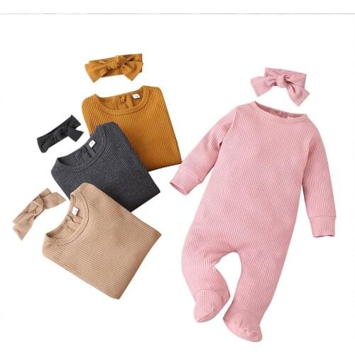 2020 Newborn Infant Baby Girls Boys Clothing Long Sleeve Solid Color Footies Jumpsuits + Headband Toddler Autumn Clothes 0-9M