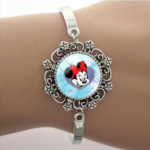 Disney Mickey Mouse Ski Skating Photo Bracelet Creative Lobster Claw Clasp Round Glass Bracelet Lace Charm Bracelet