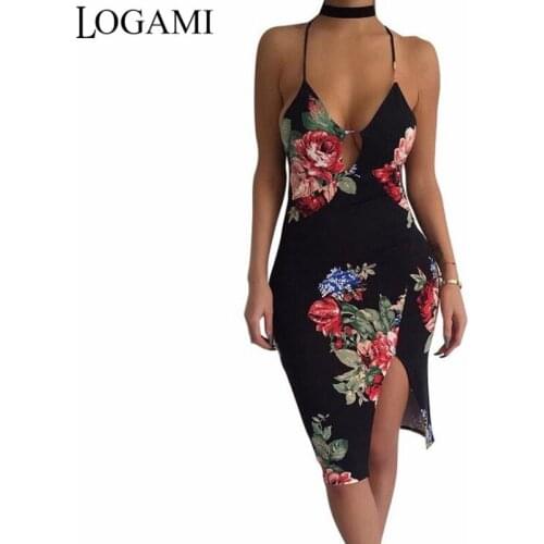 LOGAMI Summer Dress Strap V Neck Sexy Bodycon Women Dress Flower Print Pencil Backless Party Dresses Midi Robe Femme Ete 2017