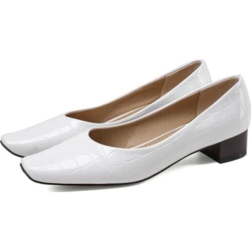 Fashion Square Toe Black White Womens Heels Comfortable Low Heels Casual Pumps Women Shoes Snake Office Party Shoes Large Size