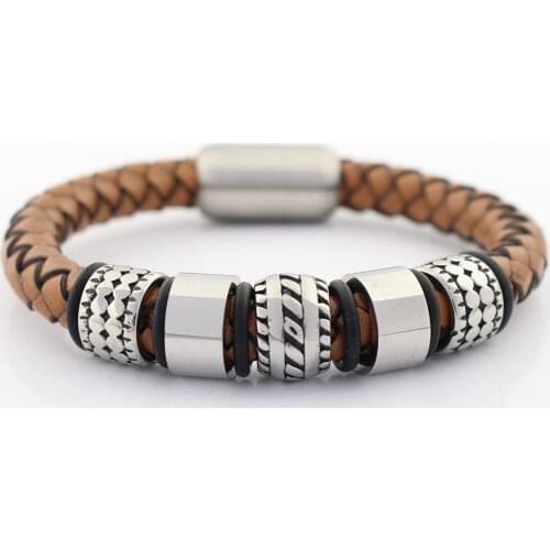 Men Wristband 8MM Genuine Braided Leather Bracelet Never Fade Stainless steel Charms Big Hole Bead Bracelets with Magnet Clasp
