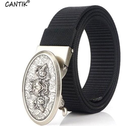 CANTIK Unique Design Chinese Wolies Head Pattern Automatic Buckle Quality Nylon Belt Men Cloth Accessories 3.5cm Width CBCA169