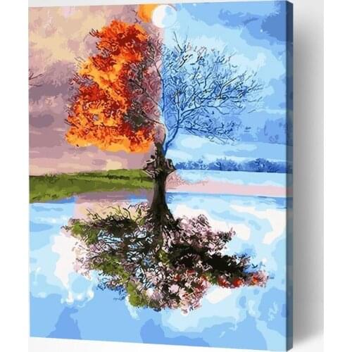 DIY Oil Painting Tree Scenery Pictures By Numbers Four Seasons Landscape Kits Drawing Canvas Hand Painted Home Decoration