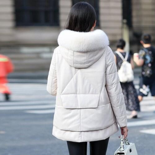 Genuine Leather Jacket Women Winter White Duck Down Coat female Real Sheepskin Coats Hooded Fox Fur Collar Korean 069-1 KJ3141