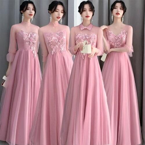Bridesmaids Dresses Illusion Appliques Pearls Embroidery A-Line V-Neck Lace Tulle Floor-Length Pink Lady Wedding Party Gown E356