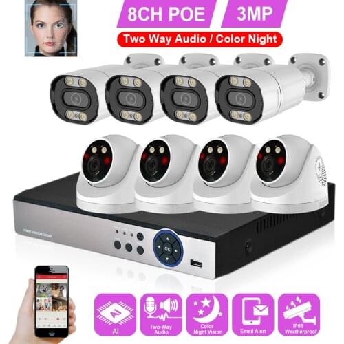 H.265 8CH 3MP Video Surveillance System 48V 3MP Two Way Audio Indoor Outdoor Camera AI Human Face Detection POE IP Camera Kit