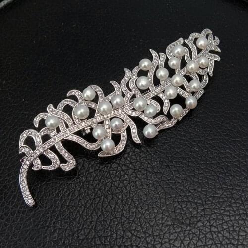 Y·YING Freshwater Cultured White Pearl Cubic Zirconia Pave Feathers Shape Brooch Pin office style for women