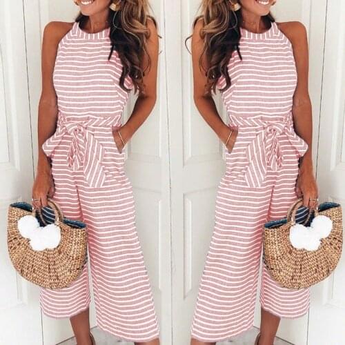 Women Summer O-neck Bowknot Pants Playsuit Sashes Pockets Sleeveless Rompers Overalls Sexy Office Lady Striped Jumpsuits