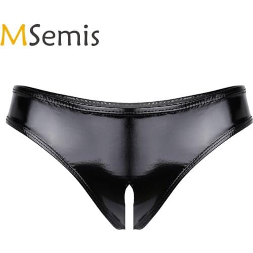 Women G-string Underwear Wet Look Leather Lingerie Sexy Open Crotch High Cut Mini Bikini Briefs Sissy Crotchless Latex Panties