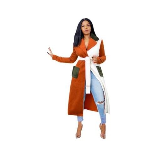 Color Blocking Patchwork Long Trench Coat Autumn Winter Clothing for Women Turn Down Collar Long Sleeve Pockets Sashes Outwears
