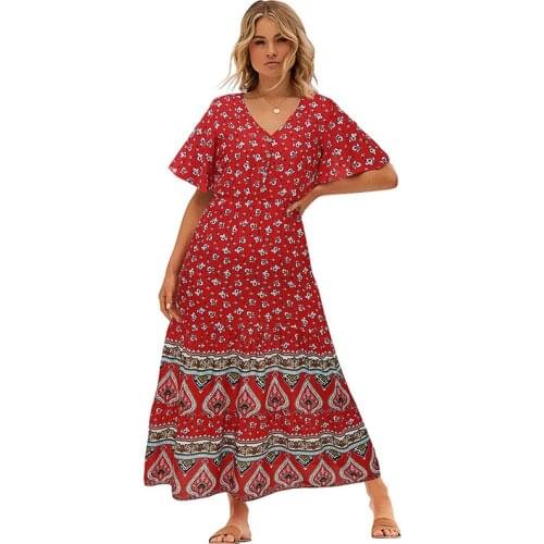 Summer Bohemian V-Neck Floral Print C Ladies Dress Empire Short Sleeves Women Dresses Red Black Mid-Calf A-Line Women Dresses
