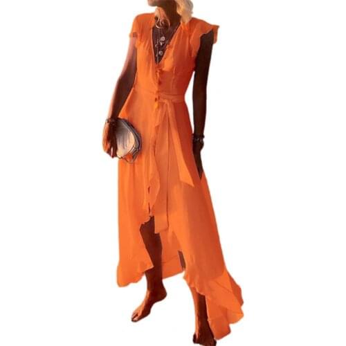 50%HOTBohemian Women Dress V Neck Solid Color Short Sleeve Irregular Hem Long Dress for Beach