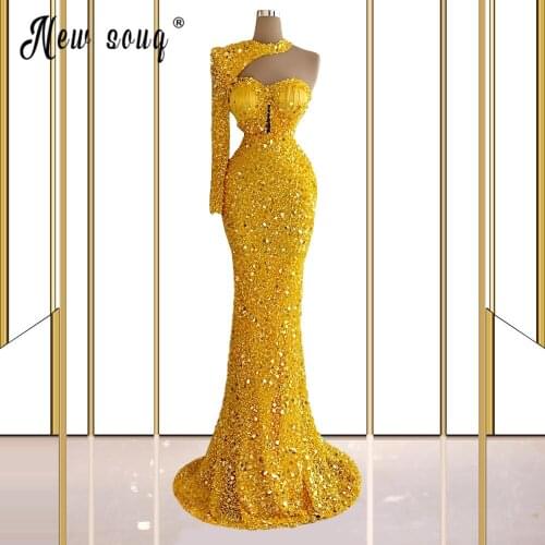 Bridal Dubai Gold Evening Gowns Luxury Sequins Beading Woman Elegant Mermaid Celebrity Dresses 2021 Formal Prom Party Dress