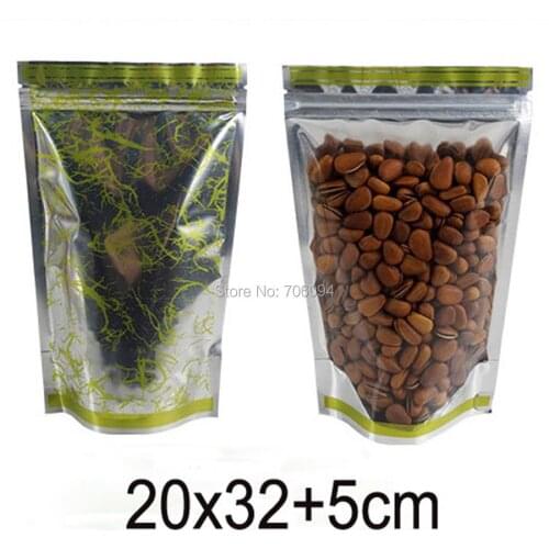 100PCS 20*32+4cm 7.9''x12.6'' Ziplock Clear shiny silver Aluminum foil bag Standup Plastic bag for gift coffee tea