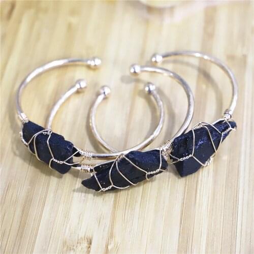 5pcs Natural Black Tourmaline Stone Open Cuff Bangle Boho Women Gold Copper Wire Wrap Nugget Stone Beads Bangles Bracelets