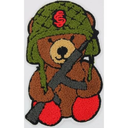 Army Bear Chenille Embroidery Patches for Clothing Bear with Gun Cool Military Iron on Badges Green and White Color Appliques