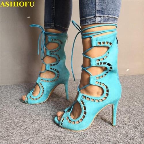 ASHIOFU Handmade Real Photos Women High Heel Pumps Shoelace Ankle Strap Peep-toe Party Dress Shoes Daily Wear Fashion Shoes