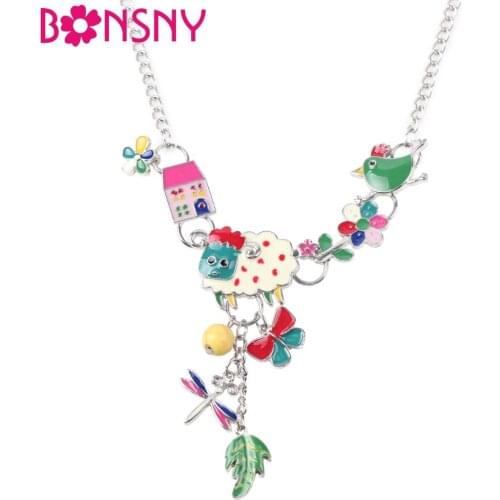 Bonsny Enamel Sheep Bird Maxi Necklace Women Pendant Statement Choker Chain Collar 2017 New Trendy Jewelry For Women Bijoux Gift