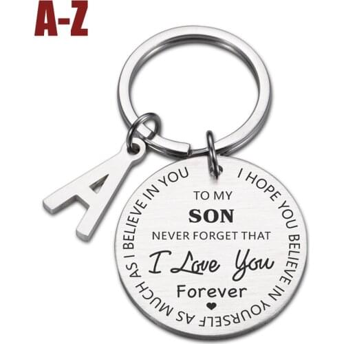 Stainless Steel Key Chain Key Ring Jewelry Round Brand Keychain TO MY SON Inspirational Gift Pendant A-Z 26 Letters Accessory