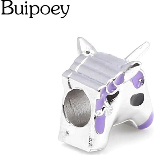 Buipoey 1Pcs Purple Unicorn Beads Silver Color Charm Fit Original Necklace Bracelets For Girl Jewelry Making Accessories Beaded