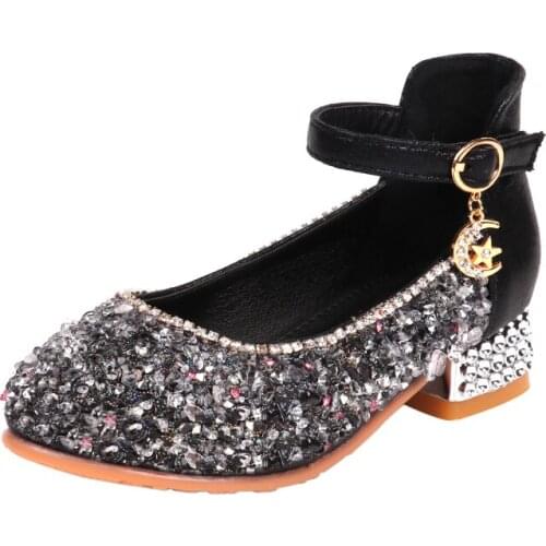 Kids Shoes Big Girls Princess Shoes with Glitter Low Heel Leather Shoe Elegant Fashion Children Dance Party SJD004