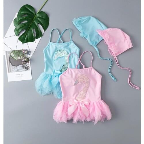 Baby Kids Girls Bikini 2020 Cute Sequin Swan Print One Piece Swimwear Swimsuit Hat Set bikinis 2020 mujer vikinis para mujer #7