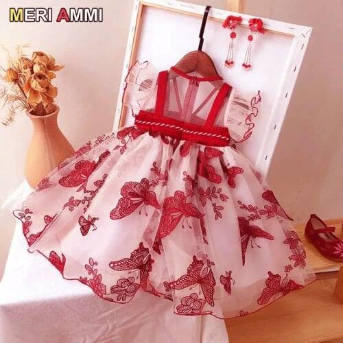 MERI AMMI Children Floral Lace Butterfly Chinese Style Baby Kids DressFor 2-7 Year Girl