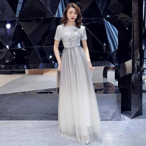 Long Evening Dress 2019 Elegant Short Sleeve Sequin Evening Party Dresses Formal Evening Gowns O-Neck Gradient Floor-Length
