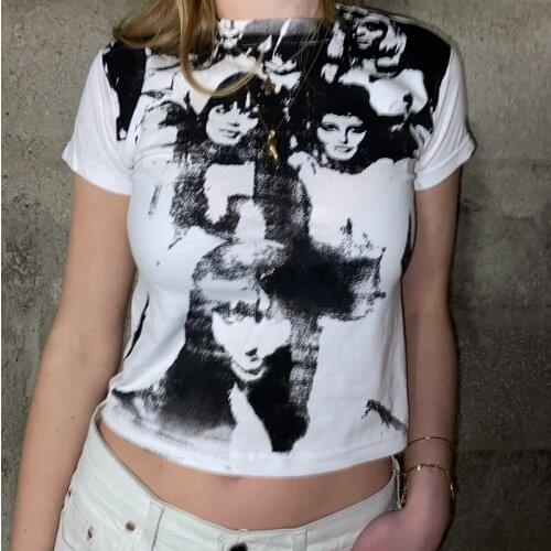 FUFUCAILLM Crop Top Y2K Women Portrait Printed TShirt Short Sleeve Round Neck Fitted Tops E-girl Harajuku Gothic Punk Streetwear