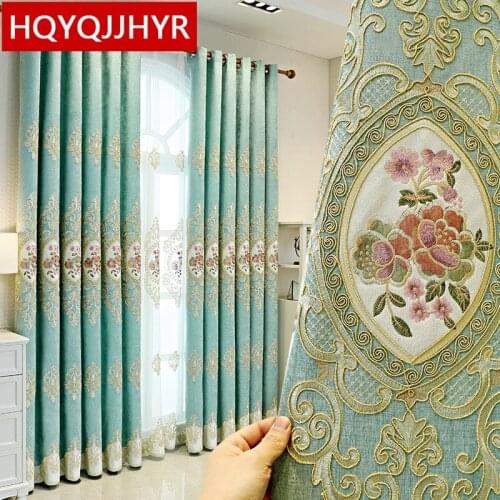 HQYQJJHYR Europe Luxury Embroidered Blackout Curtains Blue Brown Custom Living Room Bedroom Kitchen Apartment Villa Curtain