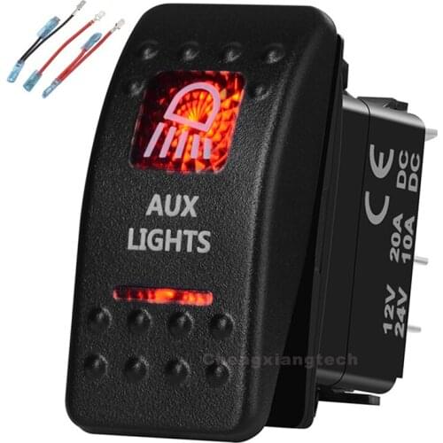 Aux Lights Printed Rocker Switch Red Led 5 Pin on-off Single Pole Single Throw Waterproof for Car Boat 12v/24v+Jumper Wires Set