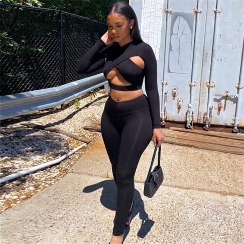 JuSaHy Solid Two Piece Sets Women Skinny Hollow Out Long Sleeves Top+Stretch Pant Matching Sets Active Sexy Streetwear Outfits
