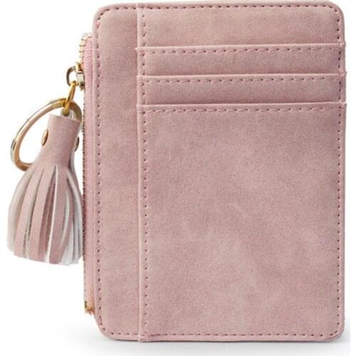 Leather Tassel Pendant Women ID Credit Card Holder Zipper Purse Coin Pocket Card Case Bag Keychain Mini Wallets