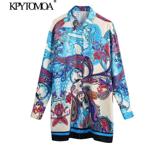 KPYTOMOA Women 2021 Fashion Oversized Soft Touch Totem Print Blouses Vintage Long Sleeve Button-up Female Shirts Chic Tops
